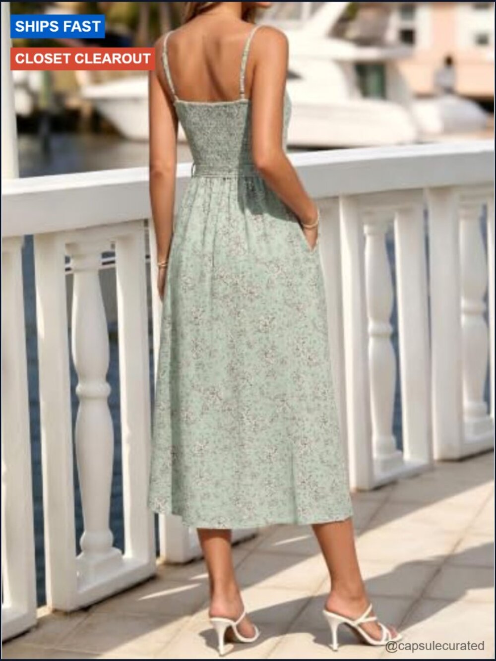 Spaghetti Strap Midi Dress Smocked Back with Belt Pockets Flowy Boho - Picture 4 of 7